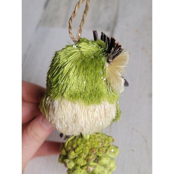 Unique mini Green Owl bristle brush ornament pine cone glitter Xmas - Picture 8 of 8